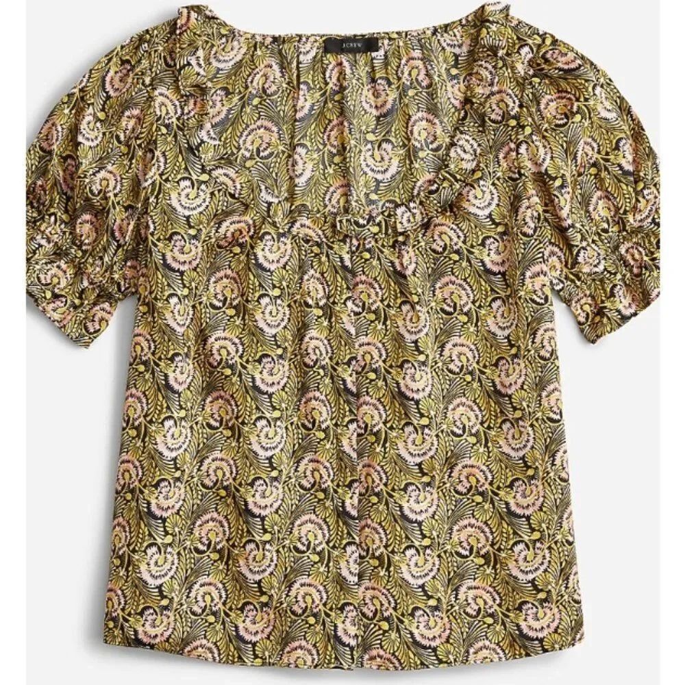 Like New! J. Crew  Ruffle featherweight satin scoopneck top in dandelion Swirl M